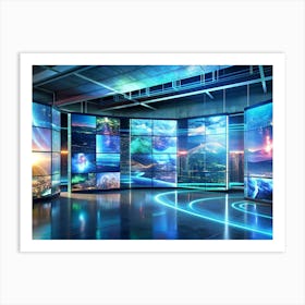 Futuristic Looking Studio With Large Screens Displaying Various Images, Including Planets, Cities, Landscapes, And Abstract Patterns Art Print