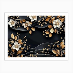 Gold Flowers On Black Background 6 Art Print