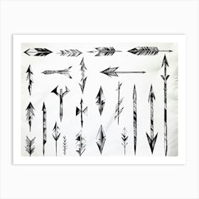 Black And White Abstract Watercolor Illustration Of A Diverse Collection Of Hand Drawn Arrows And Po Art Print