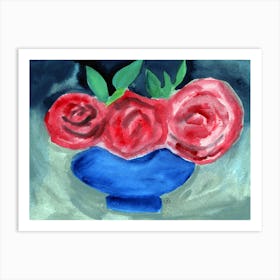 Roses In A Blue Vase - floral red blue gray Art Print