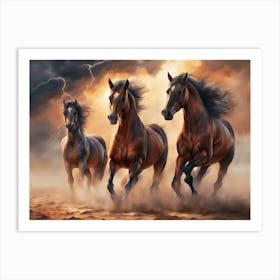 Three Horses Running In The Desert - Ai Art Print