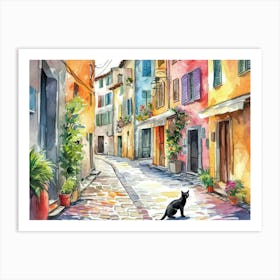 Cannes, France   Cat In Street Art Watercolour Painting 2 Art Print