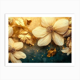 3d Gold Flowers On A Blue Art Print