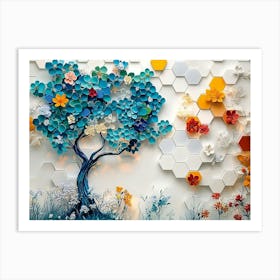 Vibrant Turquoise Tree And Colorful Hexagons Create A Striking Effect Against White Lattice And Floral Art Print