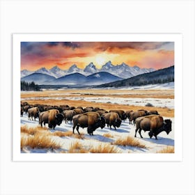 Bison Herd A Winter Escape Among the Pines Art Print