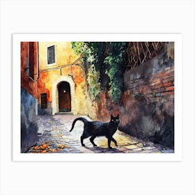 Black Cat In Rome, Italy, Street Art Watercolour Painting 5 Art Print