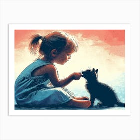 Little girl playing with her kitten wall art poster Art Print
