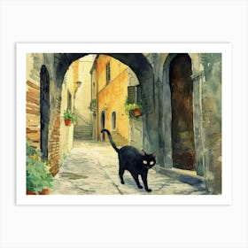 Black Cat In Vicenza, Italy, Street Art Watercolour Painting 2 Art Print