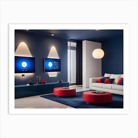 A Modern Living Room Interior With A Navy Blue Wall, White Sofa, And Red Accents Art Print