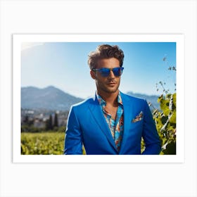 A Fashionable Businessman In A Playful Summer Setting His Sunglasses Reflecting The Mountain Filled Art Print