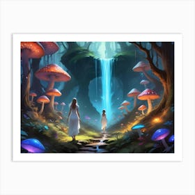 Two Women Walking Through A Mystical Forest With Glowing Mushrooms And A Waterfall Art Print