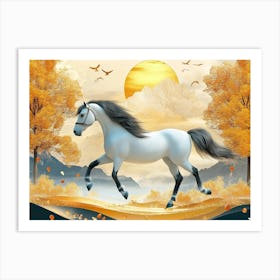 3d Horse and Golden Trees with Colored Mountains Art Print