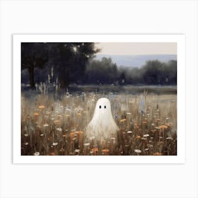 Cute Bedsheet Ghost In Flower Landscape Vintage Style, Halloween Spooky Art Print