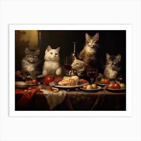 Medieval Cats Feasting With Wine Art Print