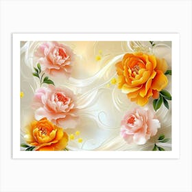 3d Art Stretch Ceiling Design With Orange And Yellow Flowers, Pink Peonies And White Swirls 1 Art Print