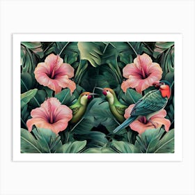 Tropical Background with Exotic Flowers, Birds, Banana Leaves, Palm, Protea, Hibiscus, Hummingbirds 1 Art Print