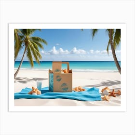 A Picnic Basket With Snacks And A Glass Of Milk Set On A Blue Blanket On A Tropical Beach, Surrounded By Palm Trees, Creating A Relaxing And Idyllic Scene Art Print