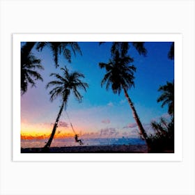 Beach, Sunset, Palm, Oil Painting Art Print