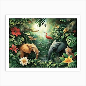 Elephants In The Jungle. 3D Jungle Scene with Exotic Animals art Art Print