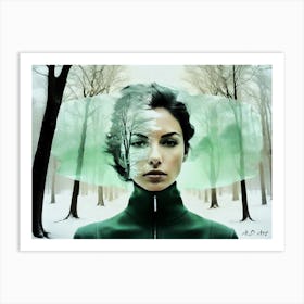 Women In Winter With A Green Contrast - Photo Realistic Painting Art Print