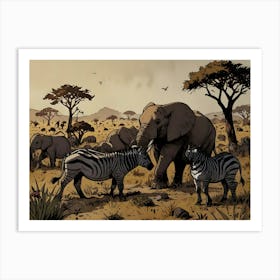 Zebras And Elephants Art Print