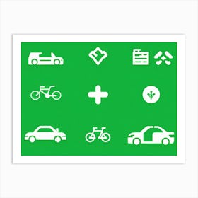 Car Icons On Green Background Art Print