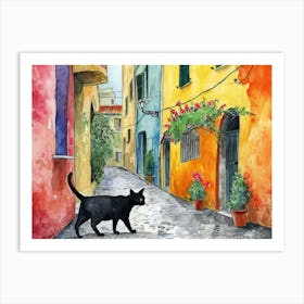 Black Cat In Sassari, Italy, Street Art Watercolour Painting 3 Art Print
