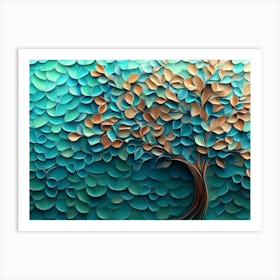 Abstract 3d Tree With Swirling Turquoise, Blue, And Brown Leaves, Dynamic Green Hexagon Art Print