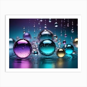 A Close Up Shot Of Colorful Glass Spheres, Some Of Which Are Suspended In The Air While Others Are Resting On A Reflective Surface Art Print