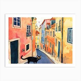Lisbon, Portugal   Cat In Street Art Watercolour Painting 3 Art Print