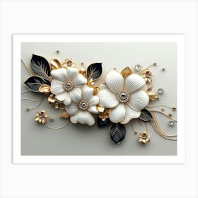 3d White Background With Golden Jewelry And Flowers Painting Art Print