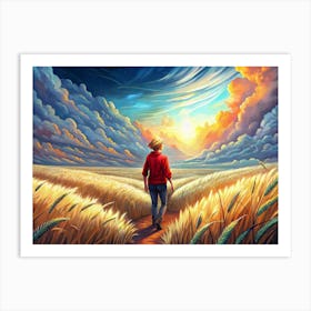 Girl In Red Walking Toward A Sunset In A Field Of Wheat Art Print