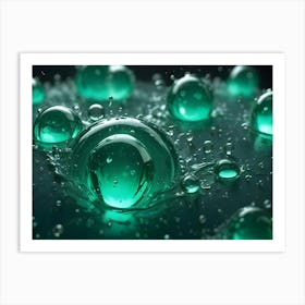 A Macro Photo Of Green Water Droplets On A Dark Surface, Creating A Vibrant And Abstract Design Art Print