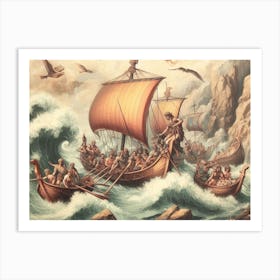 Viking Ships At Sea vintage art Art Print