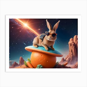 A Rabbit Wearing Sunglasses Sits Atop A Futuristic Flying Saucer That Resembles A Carrot Art Print