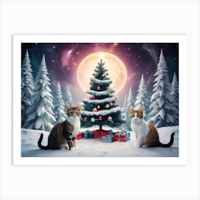 Christmas Cats by Christmas Tree Art Print