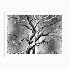 Abstract Black And White Illustration Of A Tree With Twisted Branches And A Cloudy Background Art Print