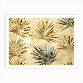 Palm Leaves In Gold Art Texture Natural Beige Colors 3d Design Seamless Pattern Abstract Art Print