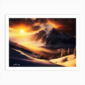 Majestic Mountain Valley And Forest Trees In A Winter Sunrise Photo Realistic Picture Art Print