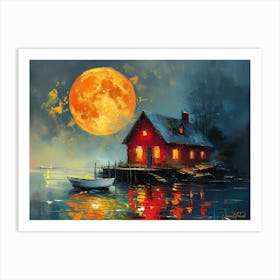 A Small Rustic House On A Calm Lake Water Art Print