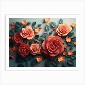 3D Roses surrounded by leaves and flowers Art Print