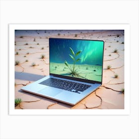 Laptop On A Cracked Desert Ground With A Plant Emerging From The Screen And The Desert Visible In The Background Art Print