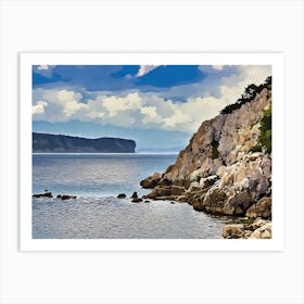 Rocky coastal landscape in Sardinia. This image is a stylized painting of a rocky coastal landscape with calm, rippling water and a clear blue sky. The rocky cliff is adorned with some greenery, and in the background, another landmass stretches across the horizon under a partially cloudy sky. The scene conveys a serene, natural beauty. Art Print