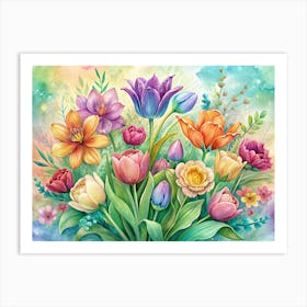 Watercolor Painting Of A Colorful Bouquet Of Tulips Art Print