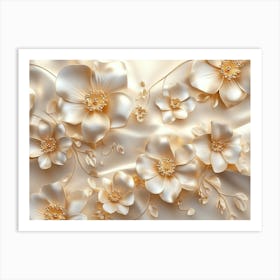 3d Flowers In Gold And Cream Colors High Quality Image Art Print