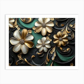 Luxury Floral Seamless With Flowers Elegant Leather Texture Illustration Background In Golden, Green, White 2 Art Print