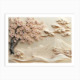 Beautiful Sakura Tree and Mountain 3d 3 Art Print