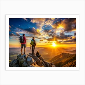 Three Hikers Admiring Sunset View From Mountain Peak Art Print