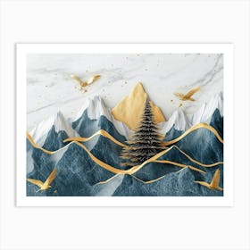 3d Modern Art With Christmas Tree, Golden Lines and Mountain And Birds In Blue Marble 1 Art Print