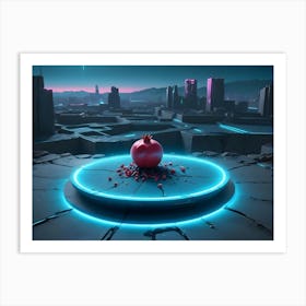 A Pomegranate Split Open Sits Atop A Futuristic, Glowing Platform In A Post Apocalyptic Cityscape Setting Art Print